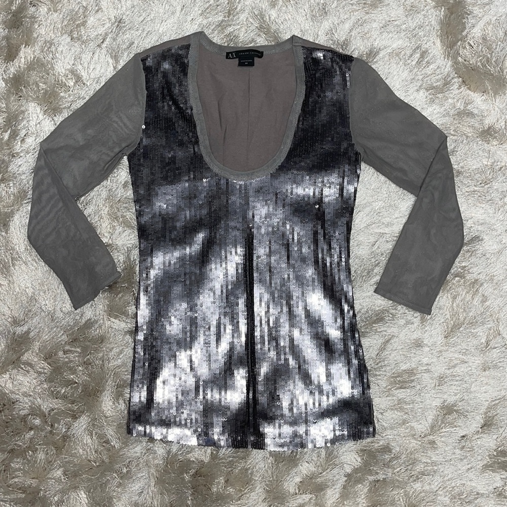 Armani Exchange sequin top 3/4 mesh sleeves
